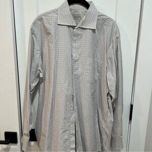 Men's brown blue white plaid dress button down shirt size 16.5x34